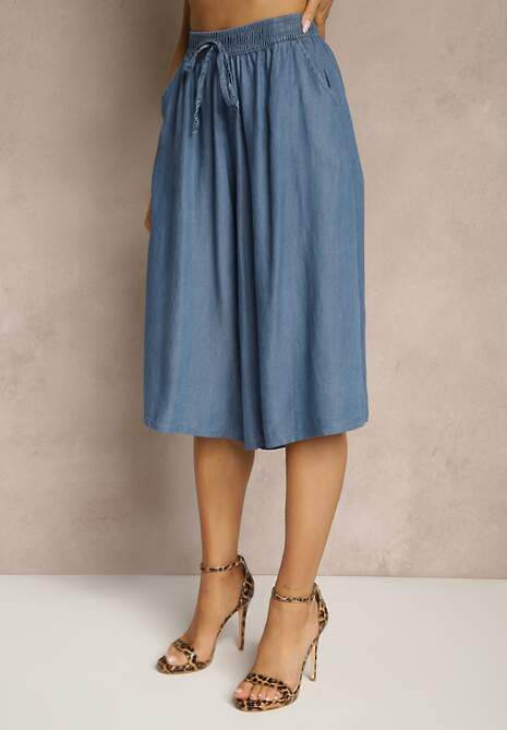 Niebieskie Szerokie Szorty Bermudy z Ozdobnym Wiązaniem Terpio