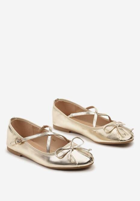 Złote Balerinki z Ozdobnymi Paskami na Sprzączkę i Kokardką Zrisa