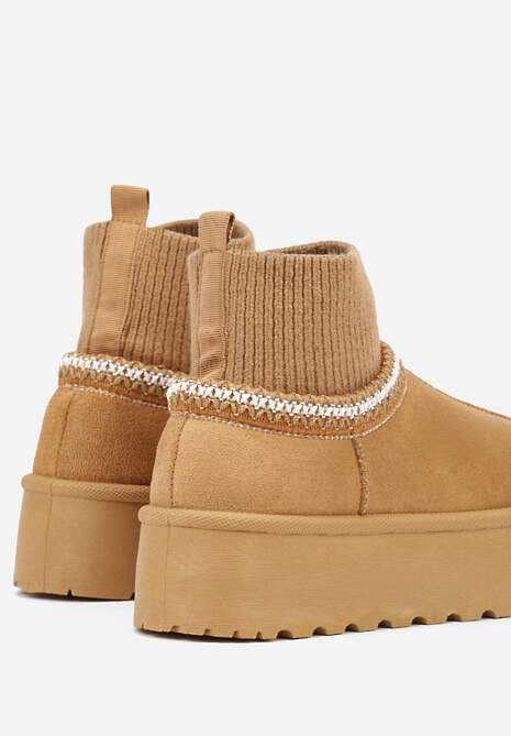 Jasnobrązowe Śniegowce VICES na Platformie ze Skarpetkową Cholewką i Haftem Ebentia
