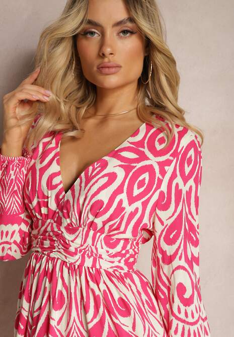 Różowo-Biała Wiskozowa Sukienka o Rozkloszowanym Kroju z Długimi Rękawami Zakończonymi Gumką Kililasa