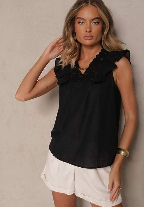 Czarna Bluzka z Bawełny z Lnem Falbankami i Haftem Ziarinda