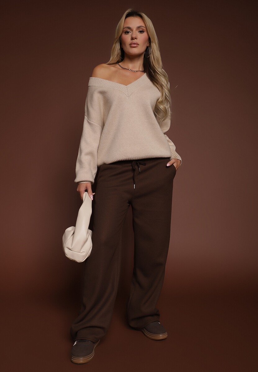 Beżowy Sweter z Kaszmirem i Trójkątnym Dekoltem Plenne