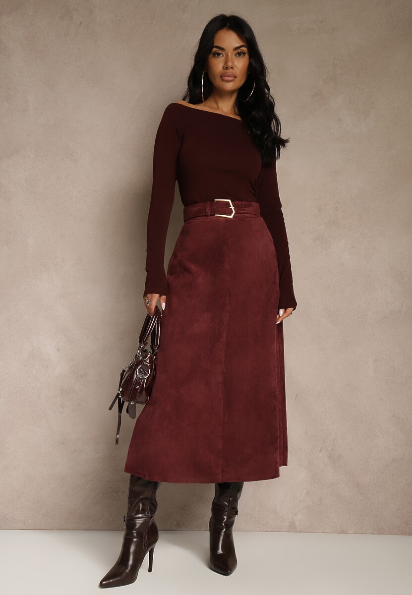 Brązowa Spódnica z Wiskozy z Bawełną z Imitacji Zamszu z Paskiem Oliweda