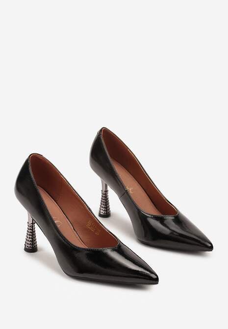 Czarne Lakierowane Szpilki Vices z Wkładką ze Skóry Naturalnej Zdobione Cyrkoniami Gioriana