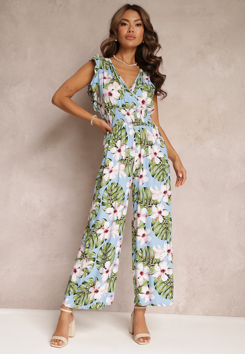 Jasnoniebieski Długi Kombinezon Bawełniany w Kwiaty Vegita