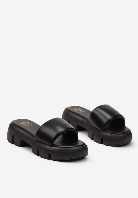 Czarne Klapki Chunky z Grubą Podeszwą i Jednolitym Szerokim Paskiem Nachinna