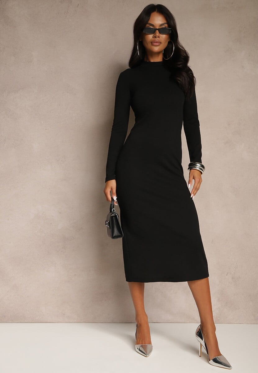 Czarna Sukienka o Dopasowanym Kroju z Ozdobnym Wycięciem Worfedi