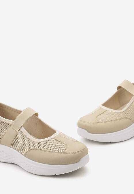 Ciemnobeżowe Tenisówki na Płaskiej Podeszwie z Perforacją i Elastyczną Wstawką Xolema