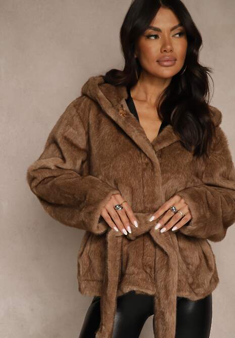 Jasnobrązowa Futerkowa Kurtka z Kapturem i Wiązanym Paskiem Zetele