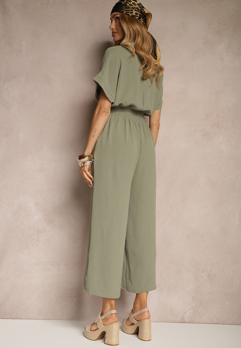 Zielony Wiskozowy Kombinezon z Dekoltem w Serek Zapinany na Guziki Anisora