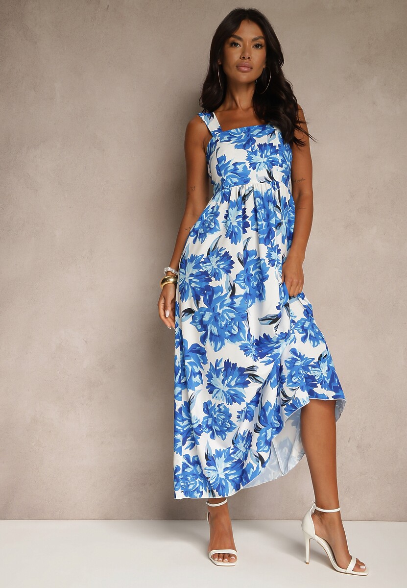 Czerwona Sukienka z Wiskozą o Rozkloszowanym Kroju z Kwiatami Nilestra