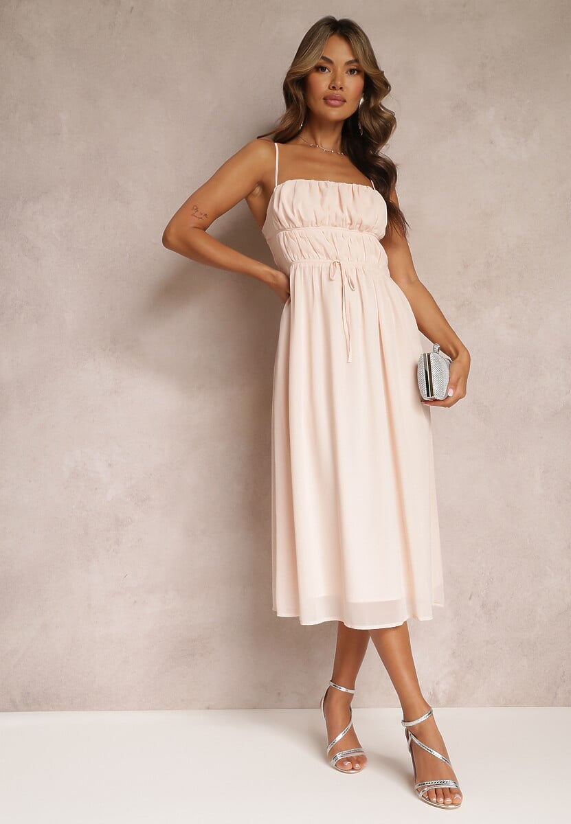 Biała Sukienka o Rozkloszowanym Kroju na Ramiączkach z Wiązaniem Lunarea