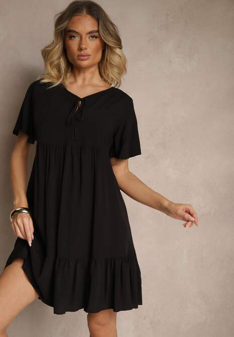 Czarna Bawełniana Sukienka Rozkloszowana z Wiązaniem przy Dekolcie Mepova