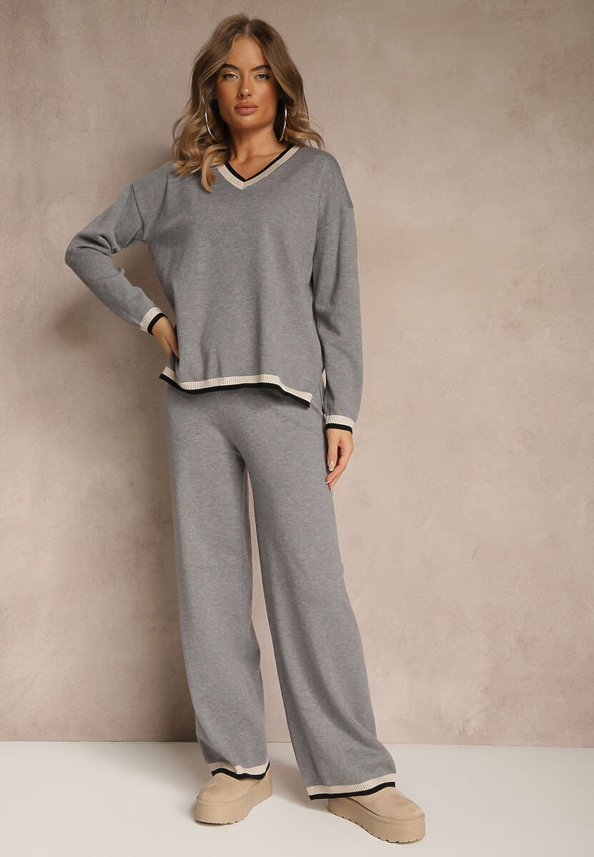 Czarny Komplet Dzianinowy Sweter i Spodnie Wide Leg z Ozdobną Lamówką Ralenia