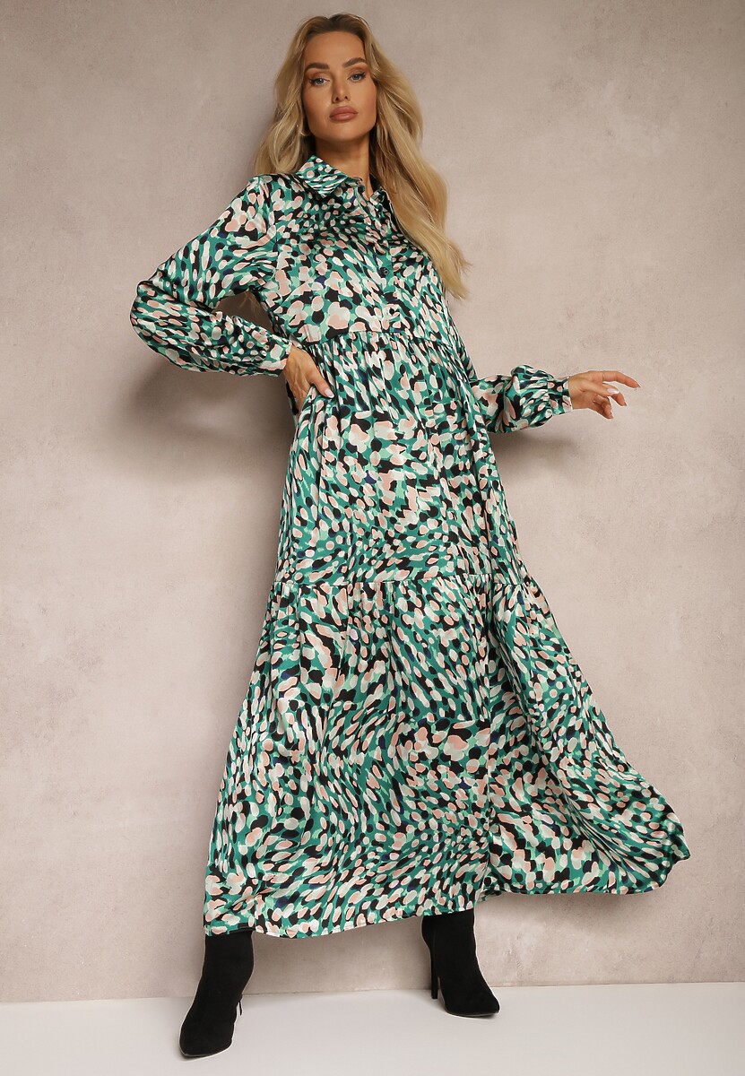 Zielona Rozkloszowana Sukienka Koszulowa w Fantazyjny Print Alendia
