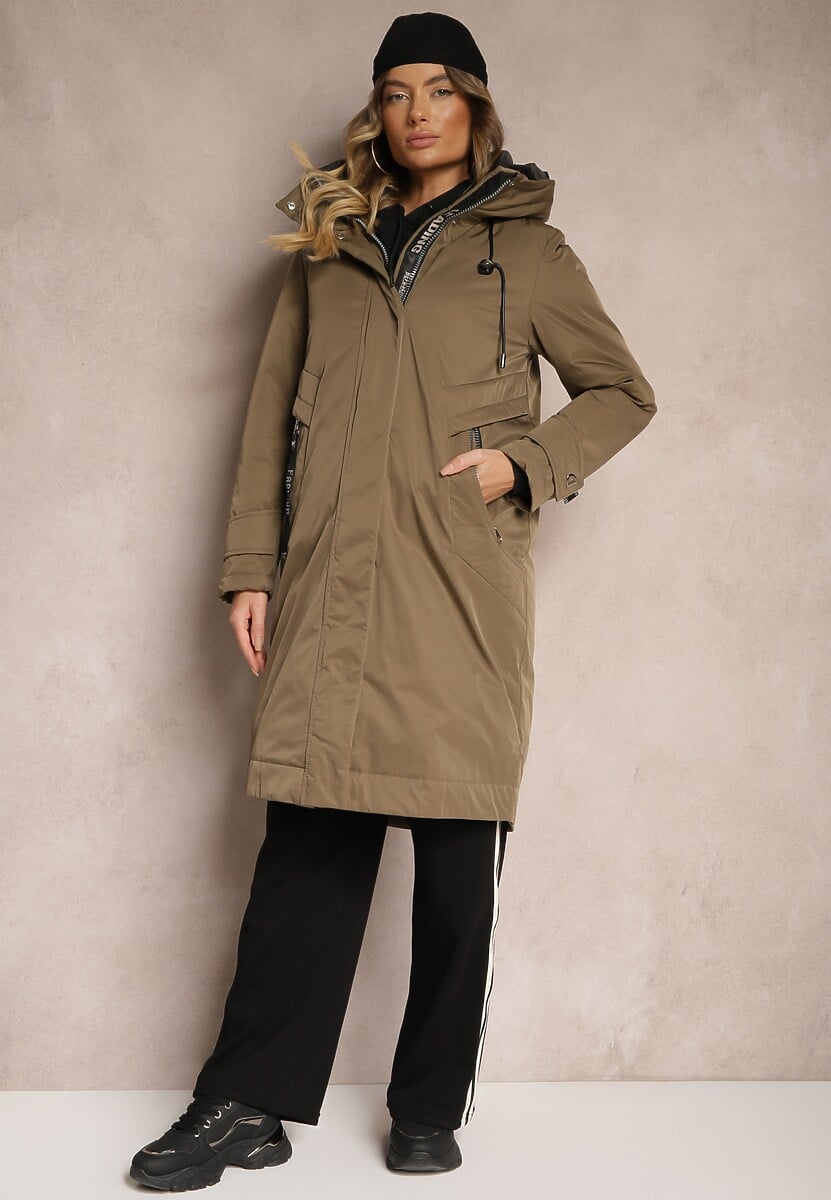 Ciemnozielona Kurtka Parka o Pudełkowym Kroju z Kapturem i Kieszeniami Kaionna