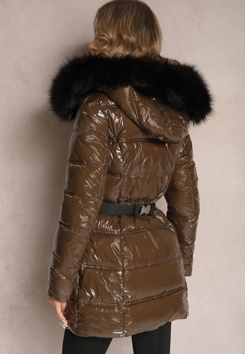 Ciemnobrązowa Kurtka Błyszcząca z Paskiem z Saszetką Phelle