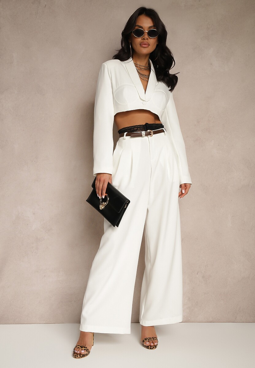 Biały Komplet Szerokie Spodnie i Krótka Marynarka z Usztywnionymi Miseczkami Liovea