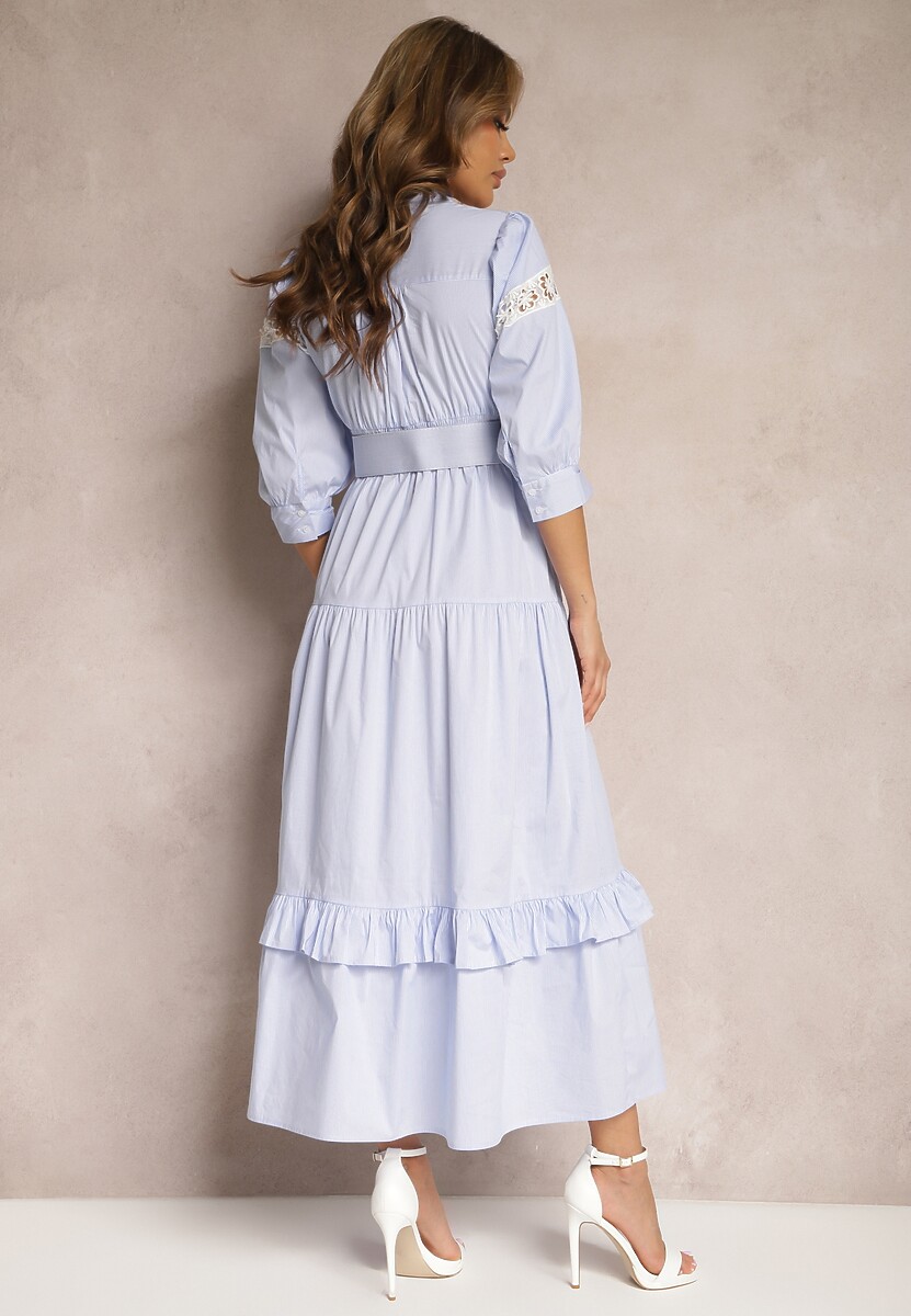 Jasnoniebieska Sukienka z Dekoltem na Zakładkę Paskiem w Talii o Rozkloszowanym Kroju Pialisa