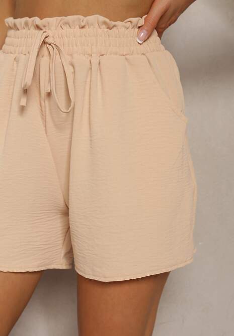 Beżowe Casualowe Szorty Bermudy High Waist Wykończone Gumką w Pasie Otanea
