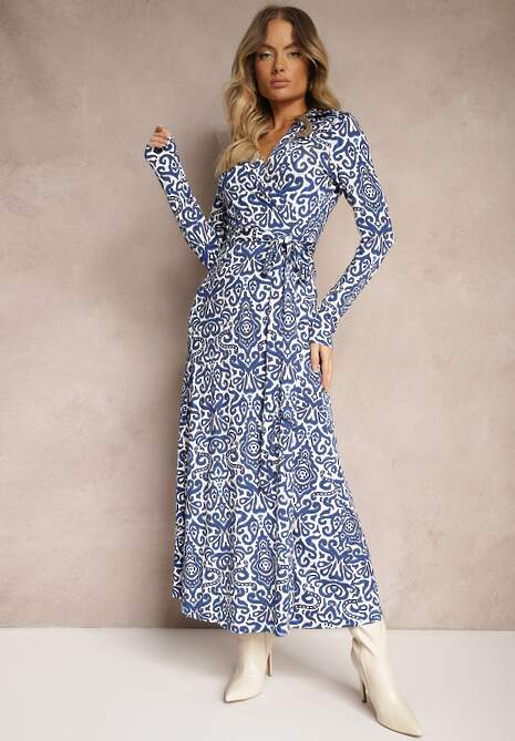 Niebiesko-Biała Taliowana Sukienka Maxi z Paskiem i Kopertowym Dekoltem Anetil