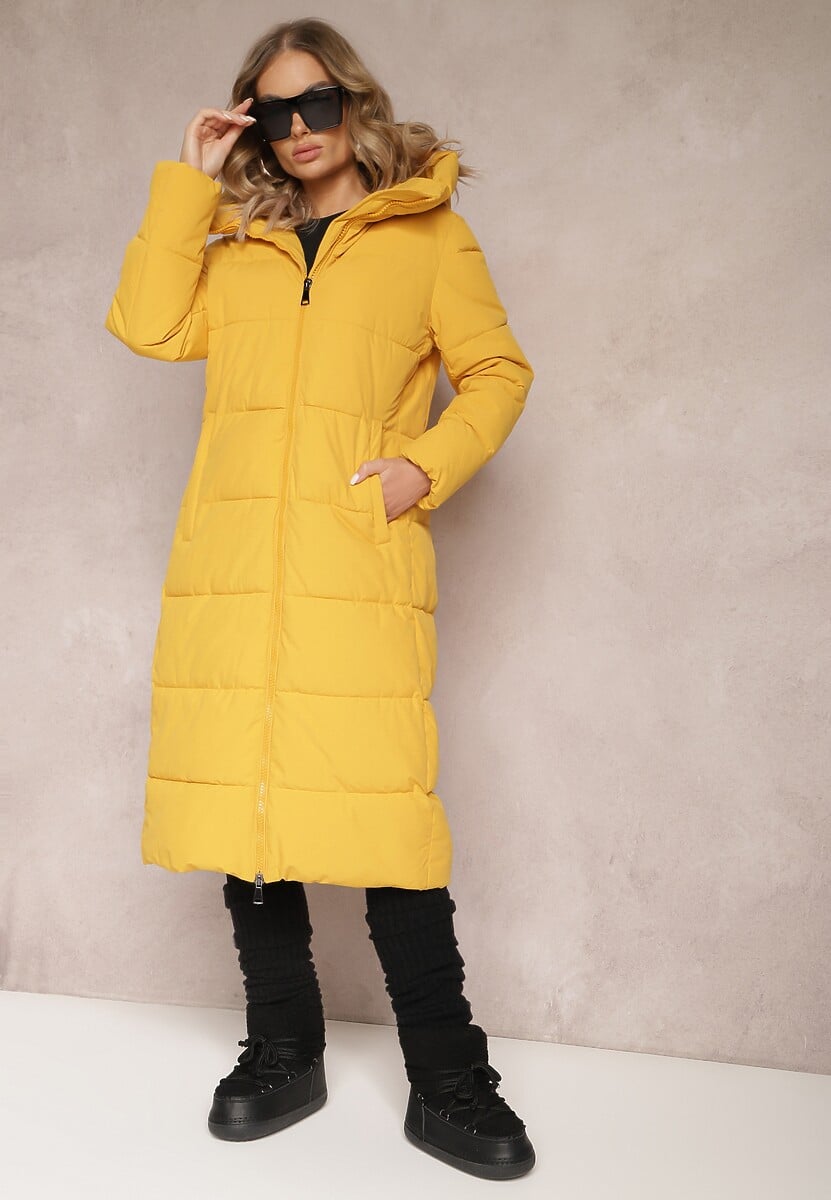 Żółta Długa Kurtka Płaszcz z Pikowaniem oraz Kapturem Madirre