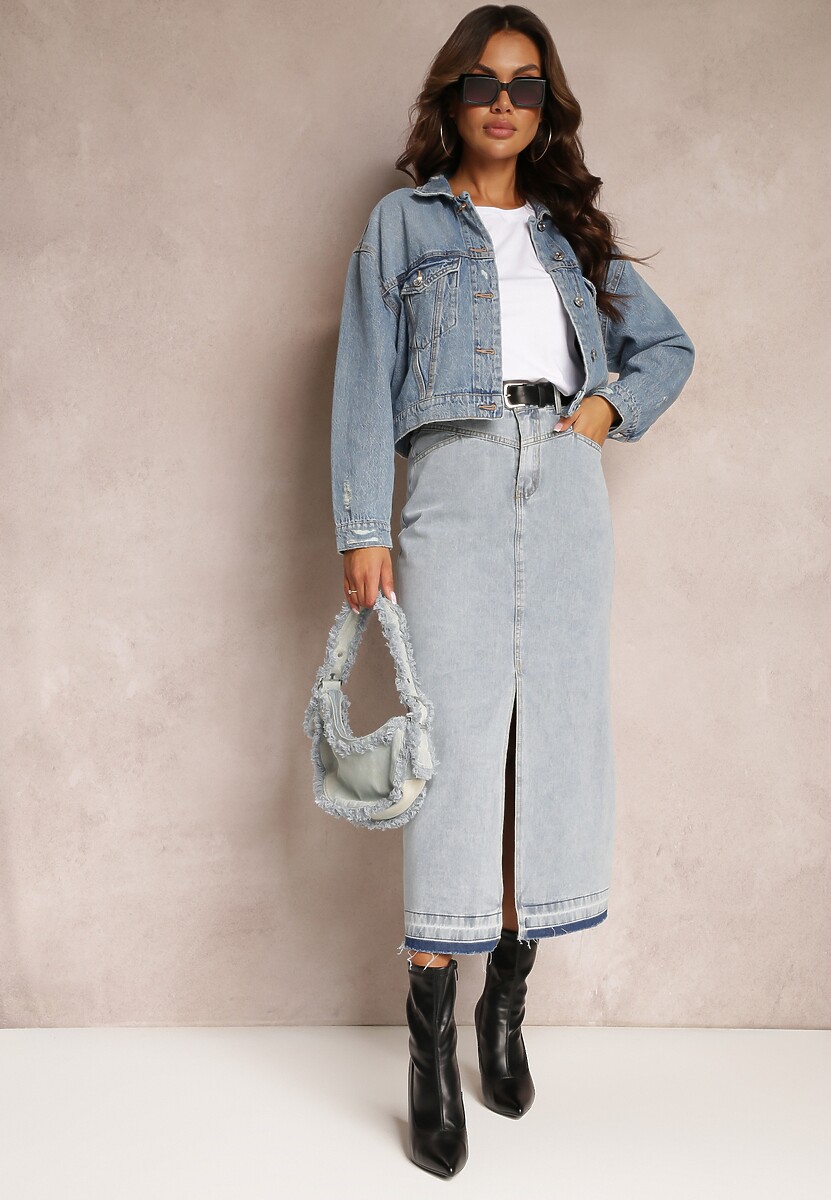 Granatowa Ołówkowa Spódnica Jeansowa z Paskiem w Komplecie Olvane