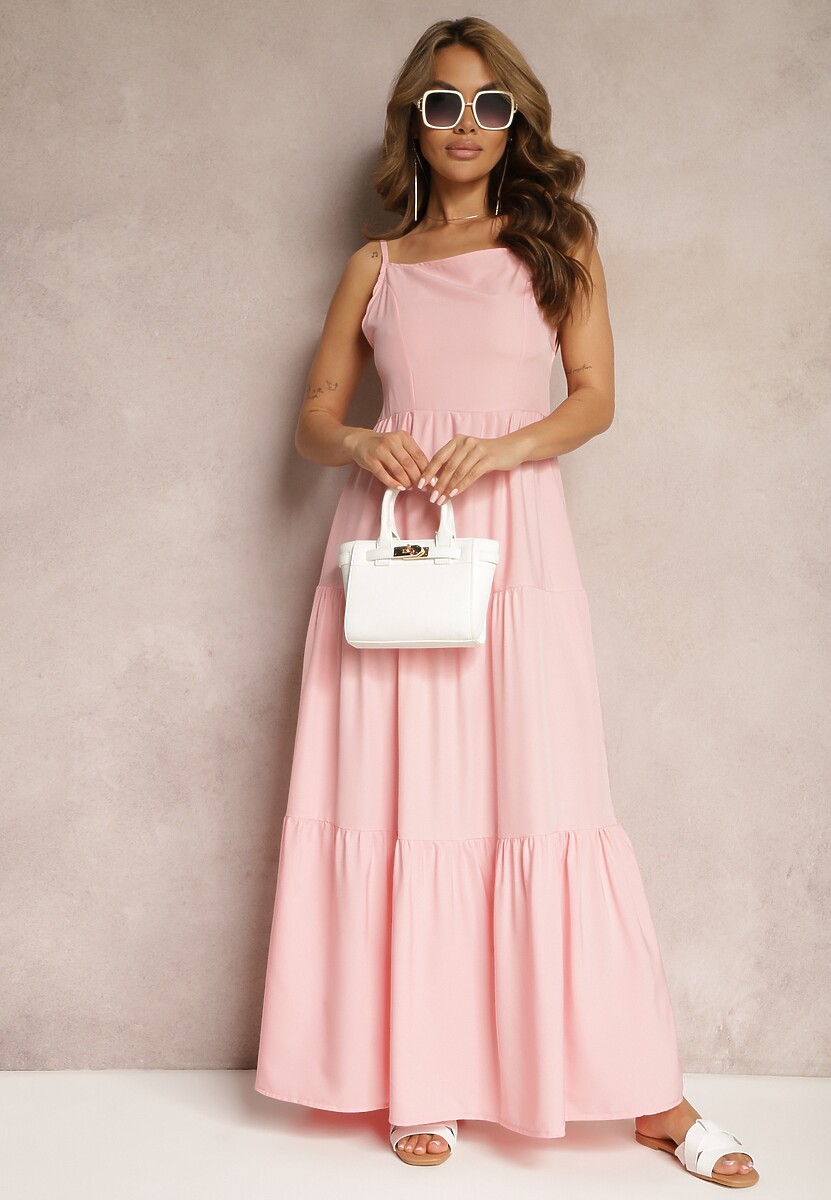Różowa Sukienka o Rozkloszowanym Fasonie Wiązana i Wykończona Gumką z Tyłu Hililena