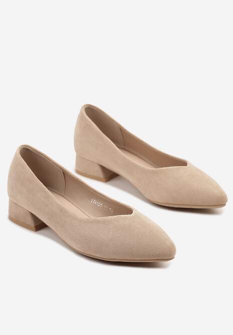 Beżowe Czółenka na Niskim Obcasie z Wkładką ze Skóry Naturalnej Falzeri