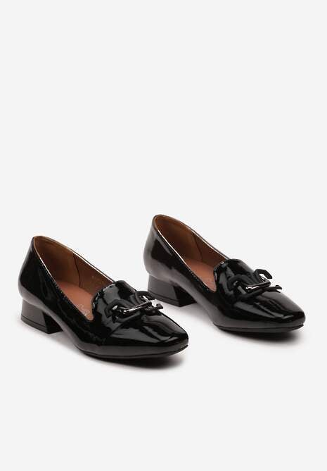 Czarne Czółenka o Lakierowanym Połysku i ze Skórzaną Wkładką na Obcasie Baeloria