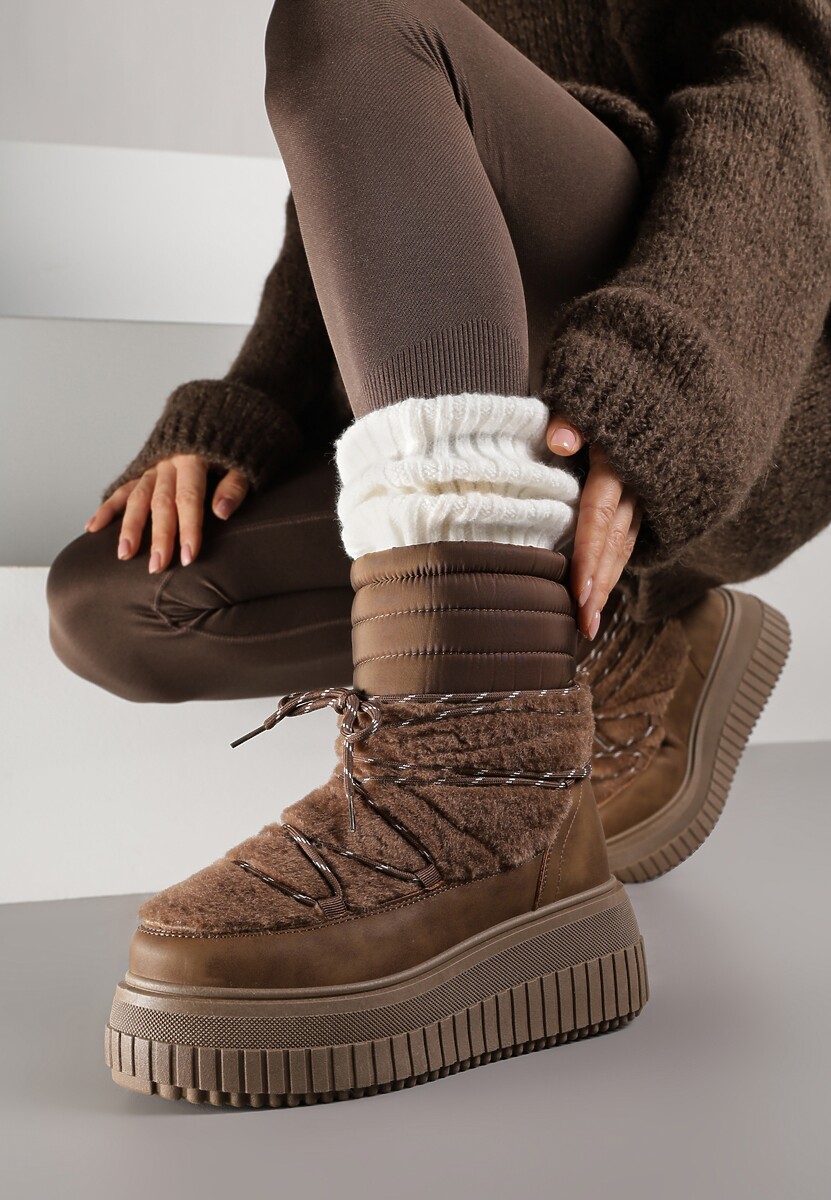 Brązowe Śniegowce na Platformie z Tłoczeniem Ozdobione Futerkiem i Pikowaniem Adallie