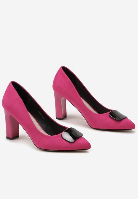 Fuksjowe Czółenka na Obcasie z Ekozamszu z Metalową Aplikacją i Skórzaną Wkładką Wistira