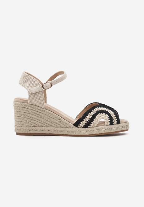 Czarno-Beżowe Sandały Espadryle z Szydełkowym Noskiem i Plecionym Koturnem Tiimafae