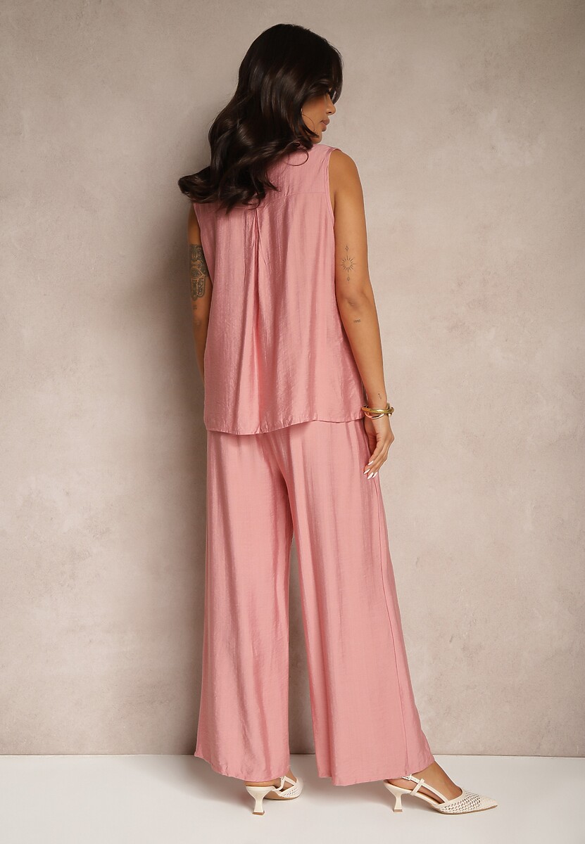Różowy Komplet Szerokie Spodnie i Koszula Bez Rękawów Zivanna