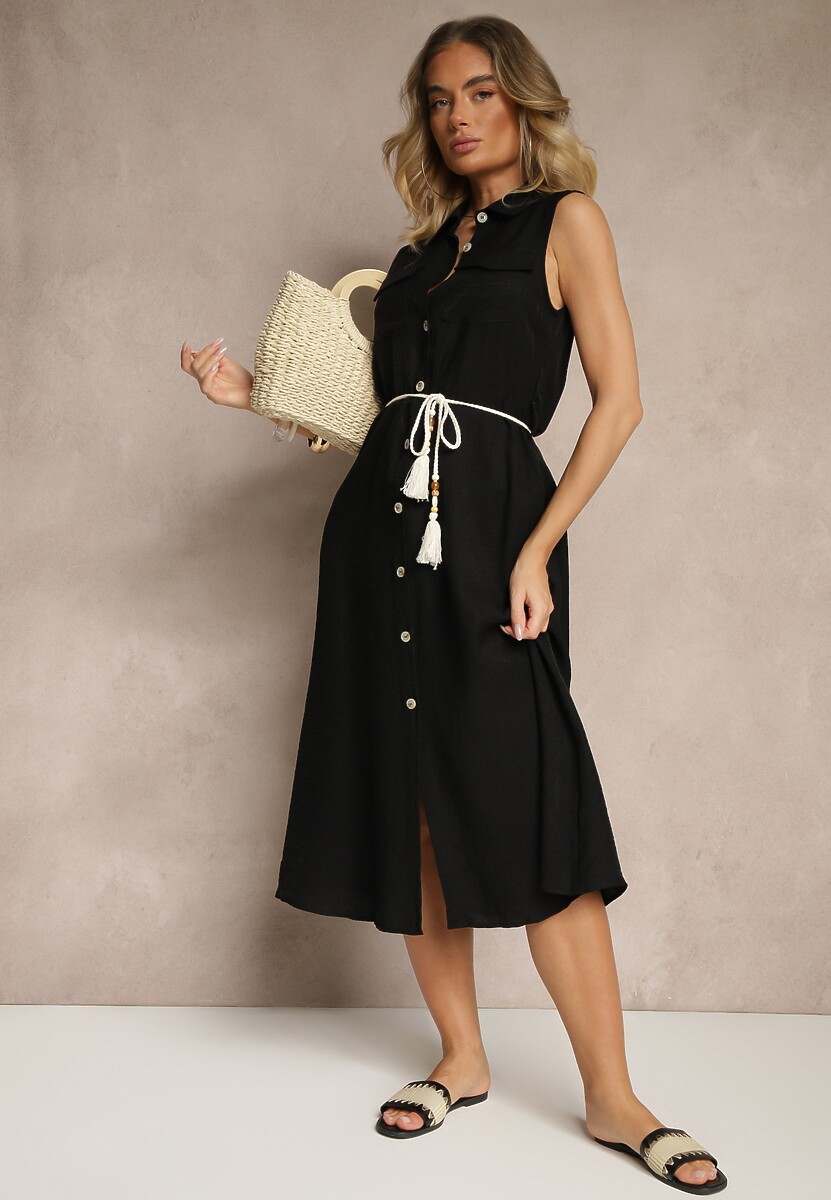 Czarna Sukienka z Wiskozy o Koszulowym Kroju z Ozdobnym Sznurkiem z Frędzlami Lavbia