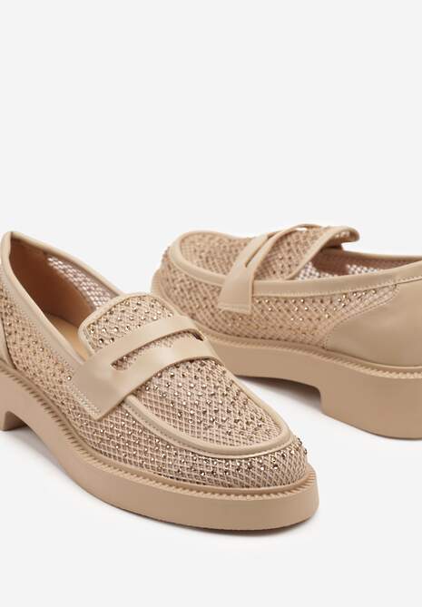 Ciemnobeżowe Mokasyny przed Kostkę Ozdobione Cyrkoniami i Siateczką Senareth