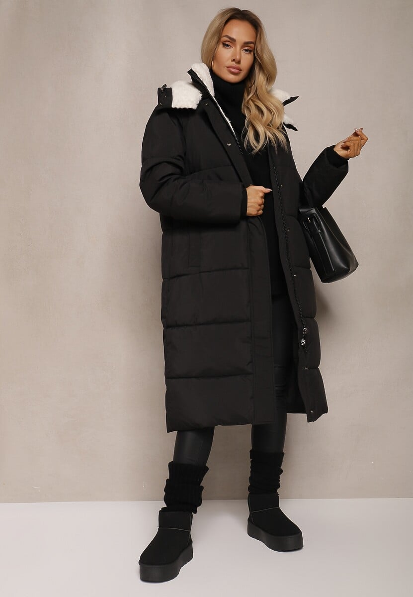 Czarna Pikowana Kurtka o Długim Kroju z Odpinanym Kapturem i Kieszeniami Etanore