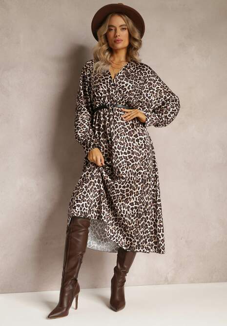 Beżowo-Brązowa Sukienka w Panterkę z Kopertowym Dekoltem Balme