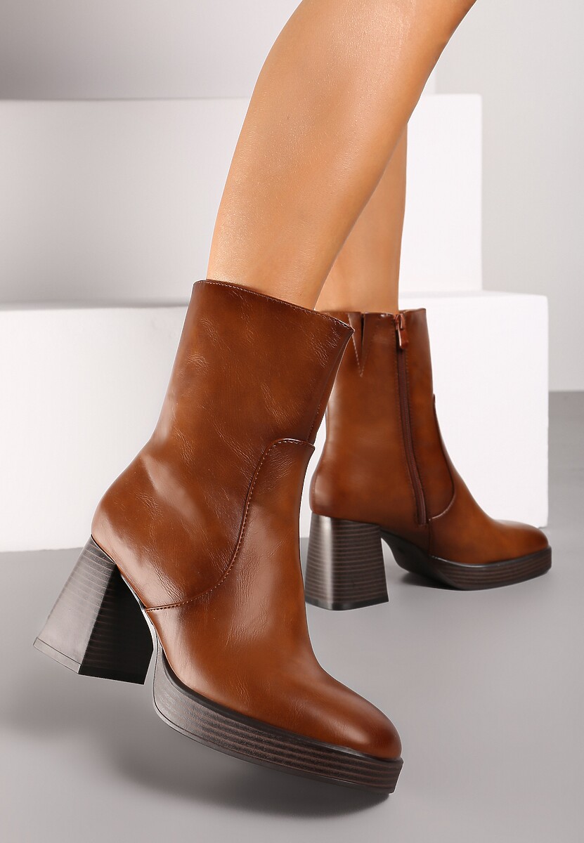 Brązowe Ocieplane Casualowe Botki na Słupku Verinnda