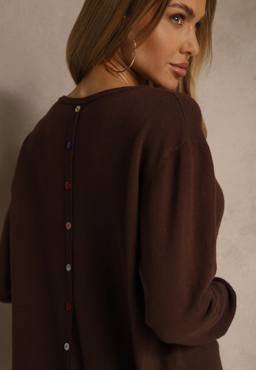 Brązowy Sweter z Kaszmirem Ozdobiony Kieszeniami Saniswena