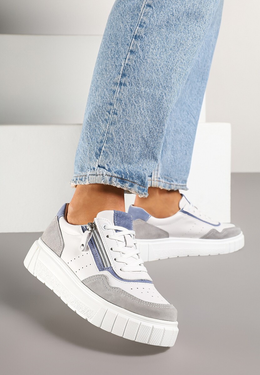 Biało-Szare Sneakersy ze Skóry Naturalnej z Ozdobnym Suwakiem Tilliraya