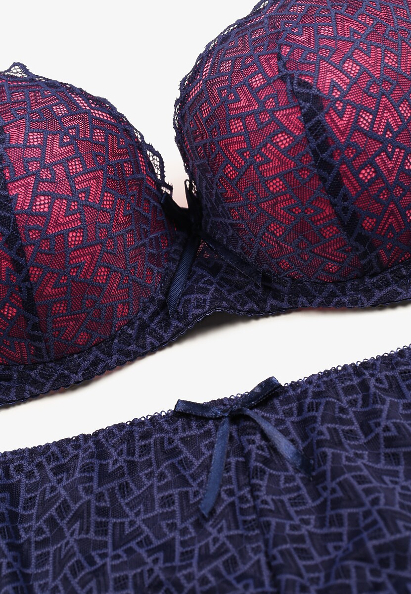 Granatowo-Fuksjowy Komplet Bielizny Koronkowej Klasyczny Biustonosz i Figi z Wysokim Stanem Nasellea