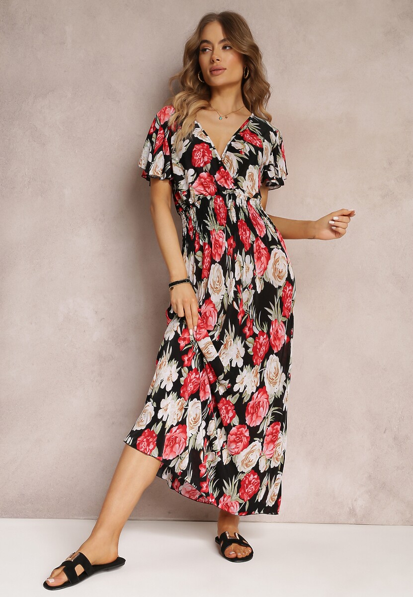 Czarno-Czerwona Kopertowa Sukienka Maxi w Kwiaty z Gumką w Talii Jazzly