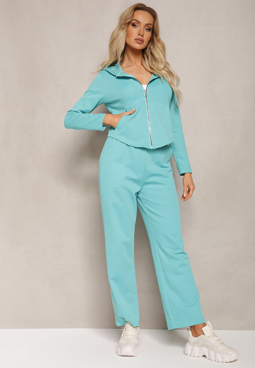 Niebieski Komplet Dresowy Bluza Rozpinana z Kapturem i Luźne Spodnie Nannoe