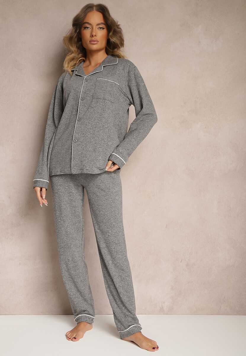 Ciemnoszara Piżama z Bawełny Spodnie z Gumką w Pasie i Koszula Amiremi