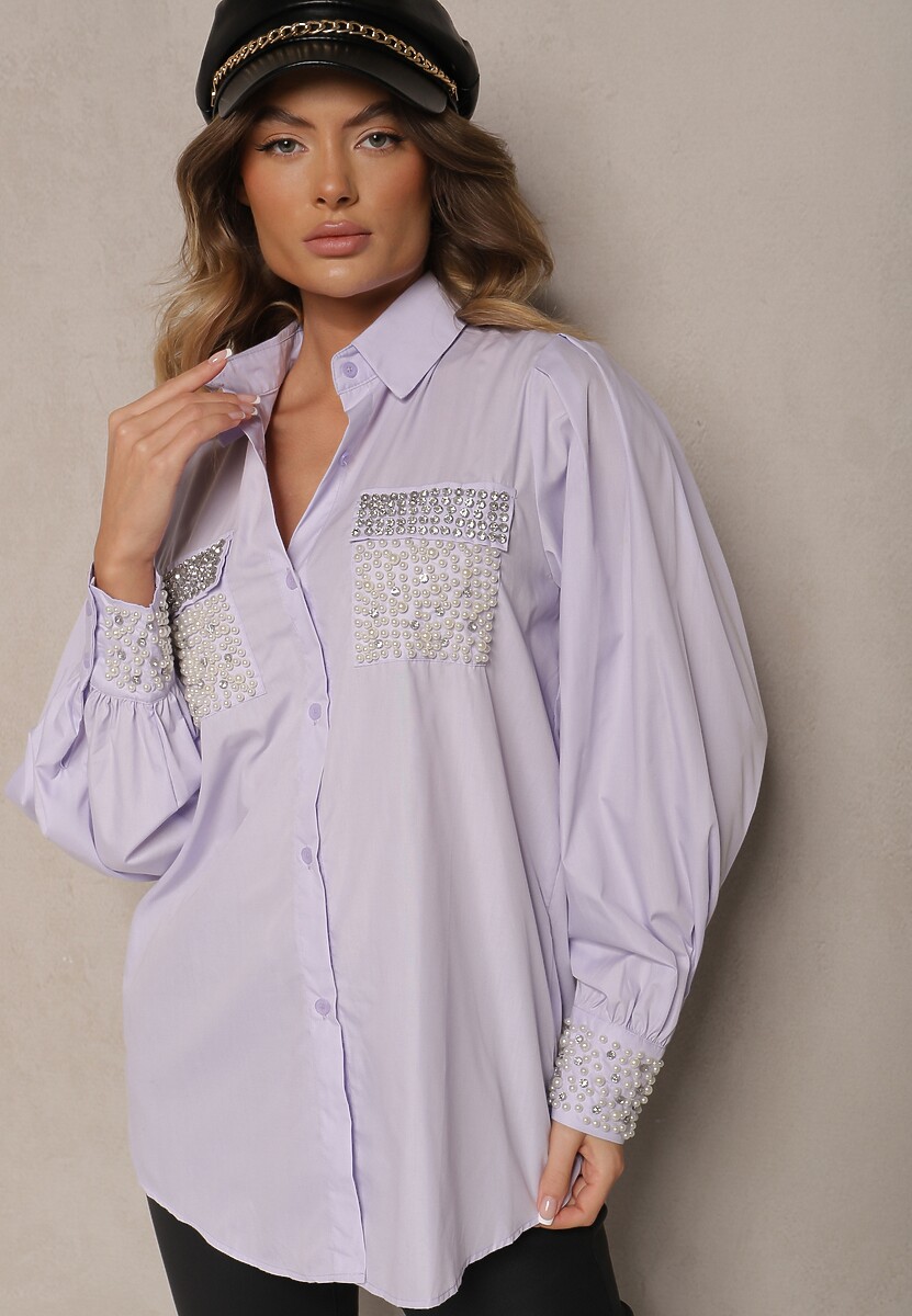 Niebieska Koszula z Biżuteryjnymi Cyrkoniami i Perełkami Quezia