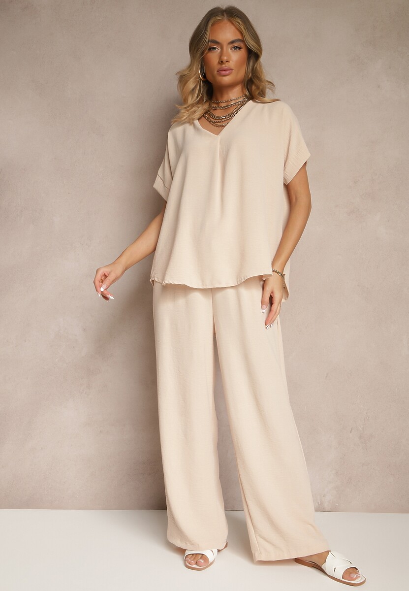 Jasnoszary Komplet Bluzka i Luźne Spodnie z Wiskozą i Kieszonkami Efraria