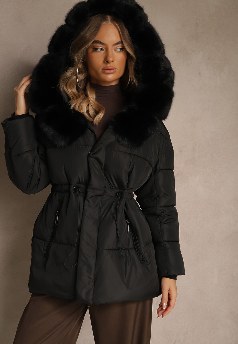 Ciemnobeżowa Pikowana Kurtka z Szerokim Kapturem z Futrem Galiessa