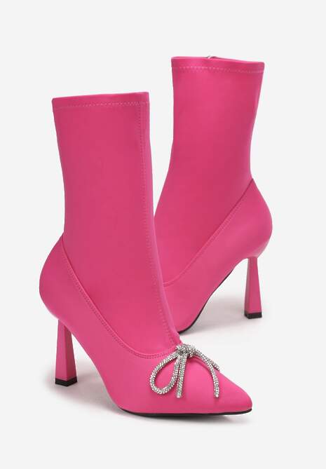 Fuksjowe Botki Skarpetkowe Ozdobione Kokardką z Cyrkoniami na Geometrycznej Szpilce Aife