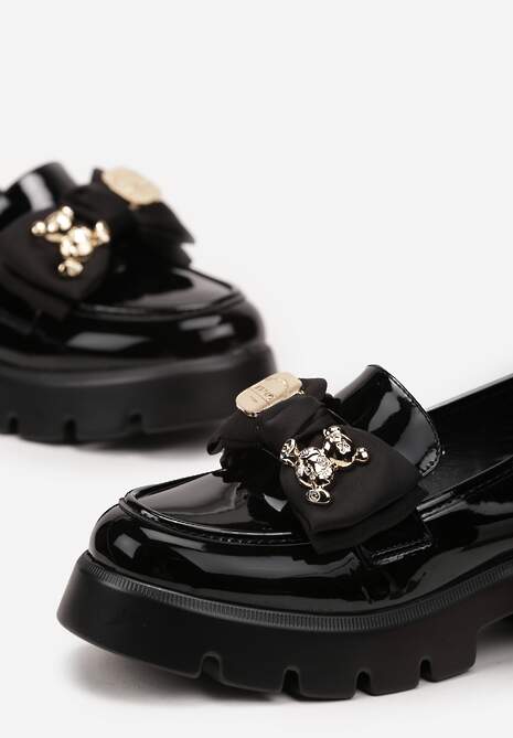 Czarne Wsuwane Mokasyny z Lakierowanej Ekoskóry z Ozdobną Kokardką Nimena